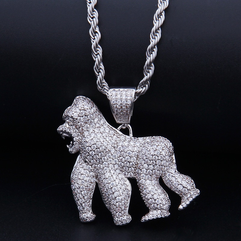 thumbnail image 2 of HarlemBling Solid 925 Sterling Silver Gorilla Pendant – 14k Gold Plated, Iced CZ Stones, Made In Italy 2 of 6