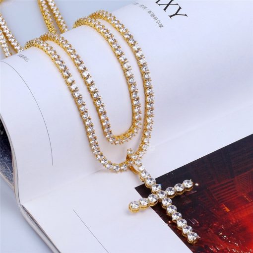 White Gold or Yellow Gold Pave Set Cross Pendant + Iced Out Tennis Chain - Image 2