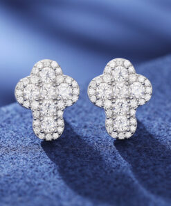 Close-up of Real VVS Moissanite Small Cross Stud Earrings made from S925 sterling silver, featuring diamond-like VVS Moissanite stones with a minimalist cross design, passing the tester for authenticity