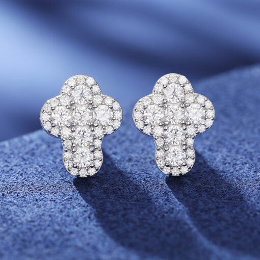 Close-up of Real VVS Moissanite Small Cross Stud Earrings made from S925 sterling silver, featuring diamond-like VVS Moissanite stones with a minimalist cross design, passing the tester for authenticity