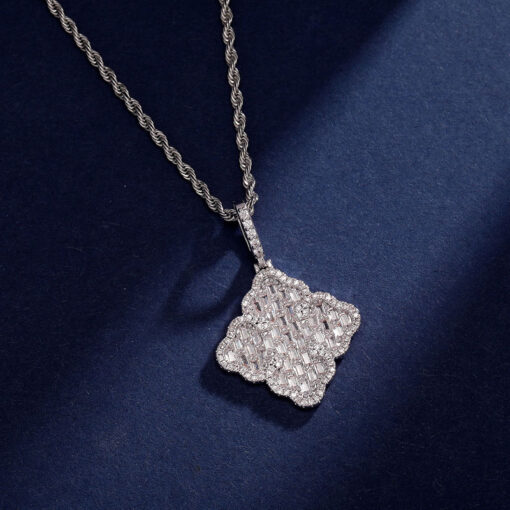 White Gold Finish Clover Baguette Stones Pendant + Chain - Image 3