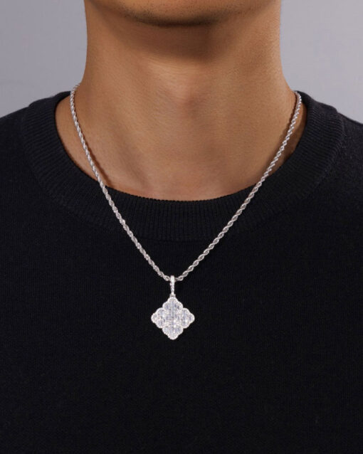 White Gold Finish Clover Baguette Stones Pendant + Chain - Image 4