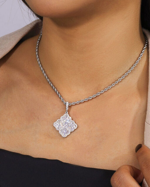 White Gold Finish Clover Baguette Stones Pendant + Chain