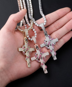 Alternative view of Snake Cross Pendant Iced Out Micro Pave CZ + Chain